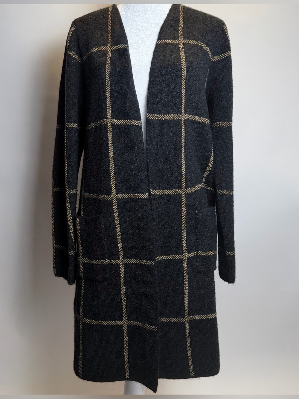 Windowpane Open-Front Black Long Cardigan Coatigan